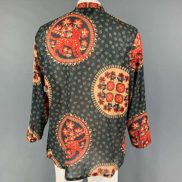 GUCCI Gray Red Khaki Print Cotton Nehru Collar Long Sleeve Shirt - Picture 4 of 8